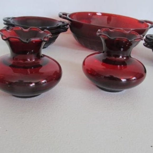2 Ruby Red Floral Vases Ruffled Edge Vases Ruby Red Glass vases Ruby Valentine - Picture 2 of 4